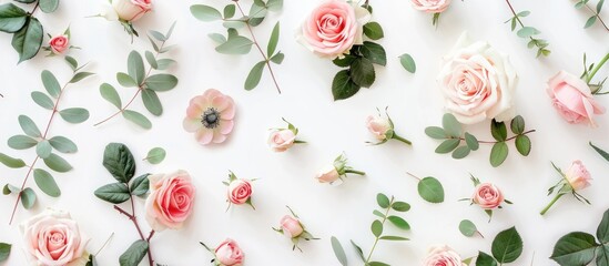 Floral design featuring pink and beige roses, green leaves, and branches against a white backdrop. Presented from a flat lay perspective with a top-down view for a Valentine's theme.