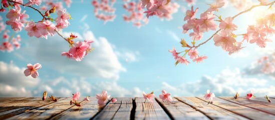 Wooden table top is clear and prepared for presenting your products and food, decorated with pink cherry blossom flowers against a spring sky backdrop. Vintage color scheme.