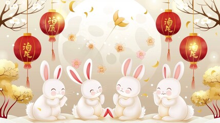Mid Autumn Festival greeting card. Cute bunnies around a full moon with Japanese style elements on white background. Happy Mid Autumn Festival message.