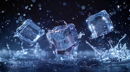 Three falling ice cubes cut out, generative Ai - obrazy, fototapety, plakaty