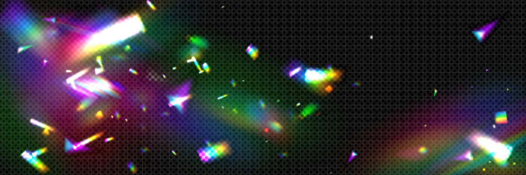 Holographic confetti flying on black background. Vector realistic illustration of glitter foil pieces sparkling in darkness, festive bokeh overlay effect, iridescent silver streamer falling at party