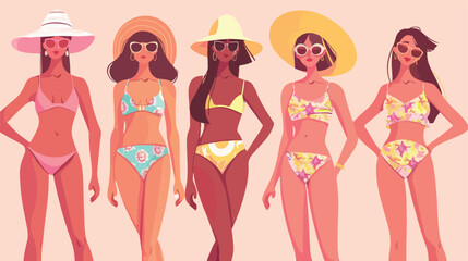 Four girls dressed in trendy swimsuits standing