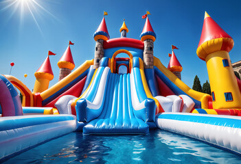 Inflatable bounce castle playground with slide and pool in a water park. Generative AI - obrazy, fototapety, plakaty