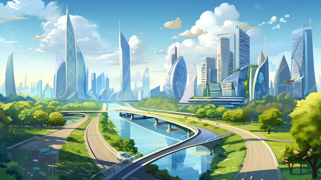 A digital illustration of a cityscape with a river and a city in the background
