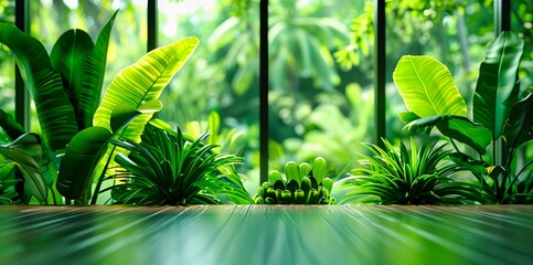 Lush Green Plants and Bright Leaves, Fresh Foliage Background in a Vibrant Tropical Setting, Summer Light Enhancing Natural Colors