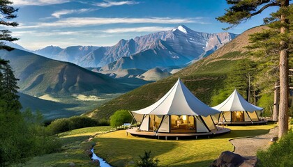 camping in the mountains the mountains featuring elegant glamping tents nestled within the idyllic countryside, offering travelers a luxurious - obrazy, fototapety, plakaty