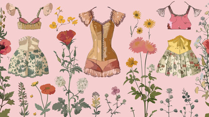 Four lingerie and flowers. Hand drawn colored vector