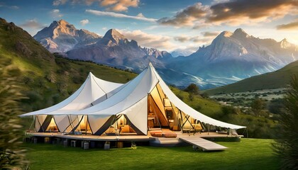 tent in the mountains mountain vista showcasing upscale glamping tents amidst the tranquil countryside, providing guests with a luxurious camping - obrazy, fototapety, plakaty