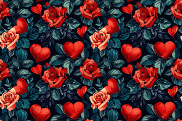 romantic red roses and hearts pattern on a dark botanical background