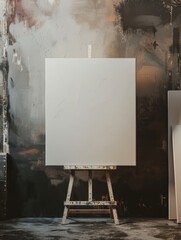 A white canvas on a wooden easel with a white canvas on it