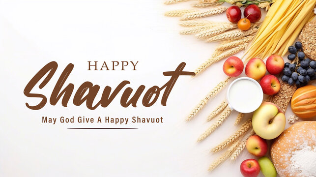 Happy Shavuot Template Banner.  Jewish Holiday Shavuot Concept with Fruits, Wheat and Milk Bottle. Greeting Card Template Background