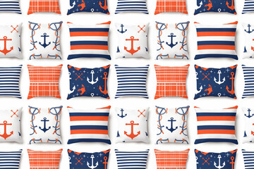 nautical theme pattern with anchors and ropes on cushions