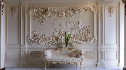 .An elegant sitting room displaying a classy wall mockup with intricate floral pattern