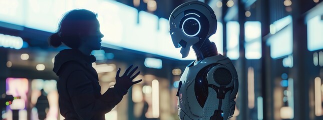 Person talking to a robot, engaging conversation, futuristic setting, soft lighting,  - obrazy, fototapety, plakaty