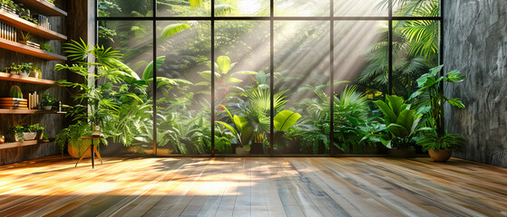 Lush Indoor Garden with Bright Windows, Modern Architecture with Green Plants, Tranquil Living Space