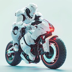 White mech on a motorcycle, futuristic design, sharp angles, dynamic pose,  - obrazy, fototapety, plakaty