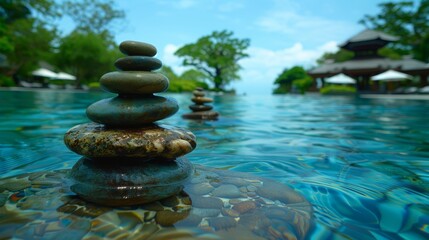   A stack of rocks atop a serene body of water Nearby, a lush green forest teems with trees