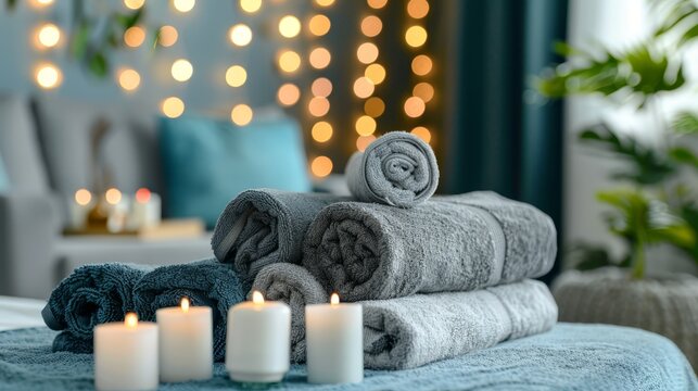   A pile of towels atop a bed Nearby, two candles on a table