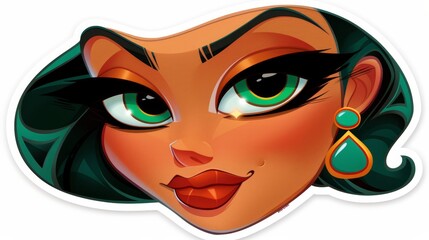   A sticker featuring a woman with green eyes and a teardrop-shaped earring above her ear