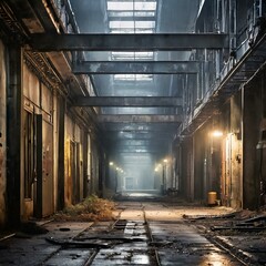 An atmospheric industrial environment with gritty metal surfaces and dimly lit corridors, evoking a sense of mystery and intrigue.