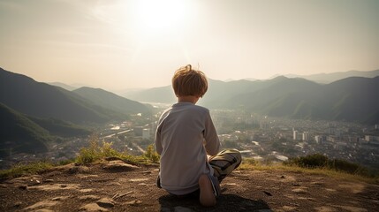 Rear view of a boy praying to God on a hill in sunny weather