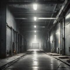 An atmospheric industrial environment with gritty metal surfaces and dimly lit corridors, evoking a sense of mystery and intrigue.