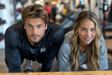 Happy Athletic Couple Exercising with Hand Weights in Gym Dynamic Action Shot

