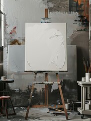A white canvas on a wooden easel with a white canvas on it