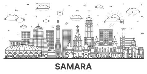 Outline Samara Russia city skyline with modern and historic buildings isolated on white. Samara cityscape with landmarks.