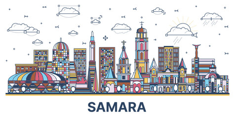 Outline Samara Russia city skyline with colored modern and historic buildings isolated on white. Samara cityscape with landmarks.