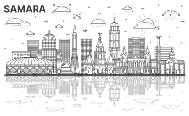 Outline Samara Russia city skyline with modern, historic buildings and reflections isolated on white. Samara cityscape with landmarks.