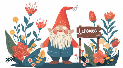 Garden gnome with welcome sign and flowers. Hand draw