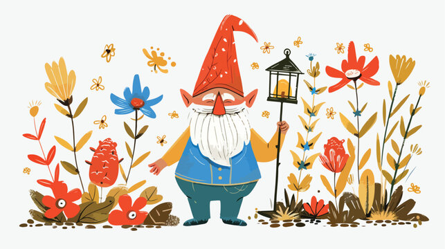 Garden gnome with lantern and flowers. Hand drawn mod