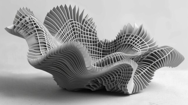   A monochrome image of a sculpture resembling hand-molded white paper
