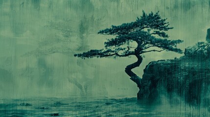   A tree painting at water's edge, on a cliff's edge, backed by a cliff - obrazy, fototapety, plakaty