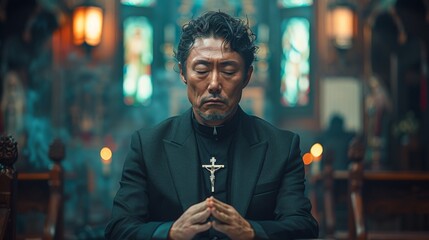 Against the backdrop of a softly illuminated church interior, an Asian man sits in silent contemplation, his hands resting gently on a well-worn Bible. With closed eyes and a peaceful expression