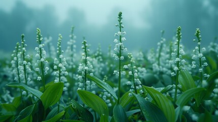  A tight shot of various blooms in a grassy meadow, framed by foggy sky backdrop