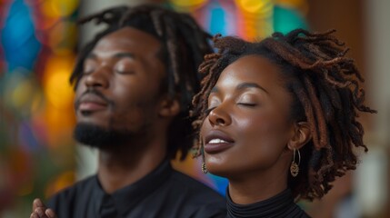 With eyes closed and hands raised in reverent worship, an Afro-American man and woman Gospel singers pour their souls into a spirited performance within the sacred confines of a church.