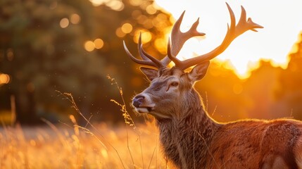   A deer with antlers, nose close-up, situated amidst tall grass field - obrazy, fototapety, plakaty