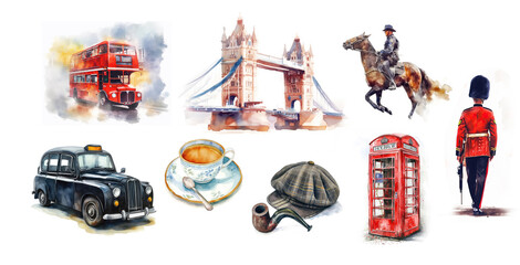 Set of sights of England. Watercolor illustration isolated on white background. Bus and black cab, buildings, people, food. 