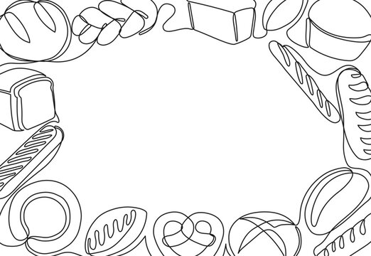 One line bakery products frame. Fresh bread, baked goods border for bakery menu design template vector illustration