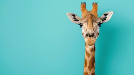 Obraz premium A giraffe's head in close-up against a blue backdrop, tongue extended and eyes wide open