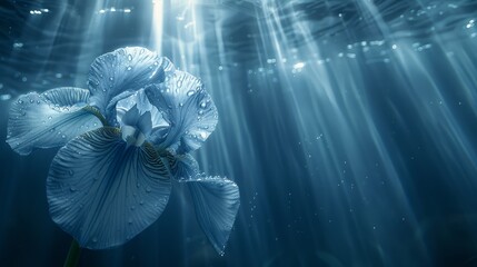   A tight shot of a blue bloom submerged, sunbeams filtering through surrounding water, illuminating its side