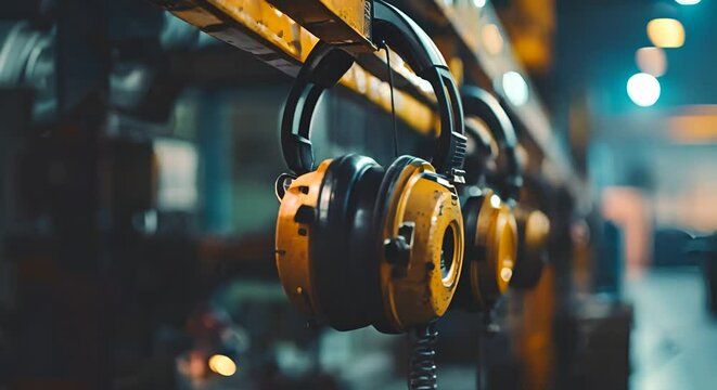 Ear protection earmuffs hanging on machinery, essential hearing protection