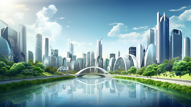 Sustainable urban design project Green architectural skyline landscape on a blue sky background
