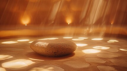   A rock atop a floor, adjacent to a wall with embedded lights casting illumination upon it, and a focused beam of light shining directly on the rock - obrazy, fototapety, plakaty