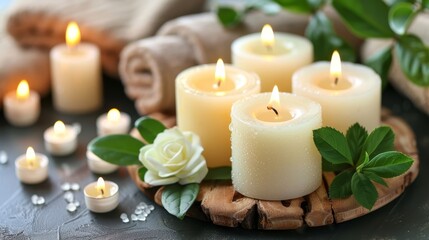   A wooden plate holds a cluster of lit candles, accompanied by a bunch of leaves and a piece of cloth nearby - obrazy, fototapety, plakaty