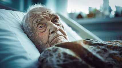 An elderly man lies peacefully in a hospital bed, surrounded by medical equipment, lost in thought - obrazy, fototapety, plakaty
