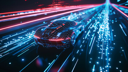 An electric car cruises gracefully through a tunnel illuminated by vibrant neon lights, creating a mesmerizing visual spectacle - obrazy, fototapety, plakaty