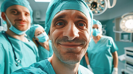 A cheerful man in medical scrubs is smiling brightly at the camera, radiating positivity and happiness
